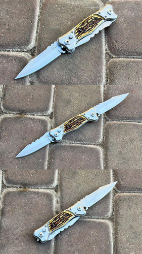 چاقو تاشو جیبی دو تیغه فشاری دسته شاخ